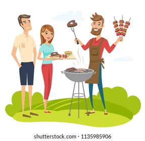 BBQ party with friends. Vector characters illustration isolated.