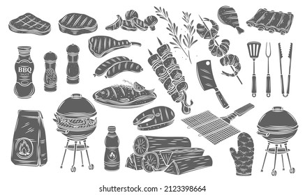 BBQ party glyph icons set, barbecue, grill or picnic. Grilled salmon, sausage, vegetables, meat steak and shrimp cut silhouette illustration. Barbecue tools.