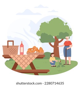 BBQ party. Grandmother and little girl playing together outside. Summer leisure with family. Backyard picnic on a weekend. Flat vector illustration