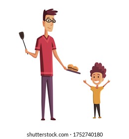 BBQ party grill. Dad and son. Picnic with fresh