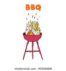 BBQ party grill with fire. Hand-drawn, lino-cut. Lettering. Flat design vector illustration.