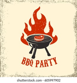 BBQ party. Grill with fire on grunge background. Design element for poster, restaurant menu. Vector illustration.