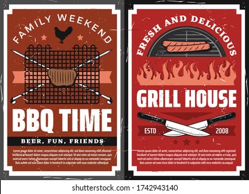 Bbq party and grill house restaurant vector design with barbecue grilled meat food. Beef steak and sausage cooking on charcoal grill frame grunge posters with crossed butcher knives and skewers