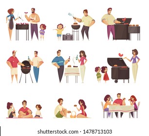 Bbq party grill set of isolated compositions with flat doodle style characters of people with barbecue vector illustration