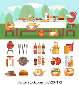 BBQ party horizontal banner set with grilled food flat isolated vector illustration