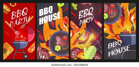 Bbq party and house banner set, vector illustration. Cooking food at grill, barbecue restaurant poster set. Lunch menu graphic design, hot steak, sausage, vegetables and hamburger concept.