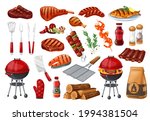 BBQ party icons set, barbecue, grill or picnic. Grilled salmon, sausage, vegetables, meat steak and shrimp. Barbecue tools vector illustration