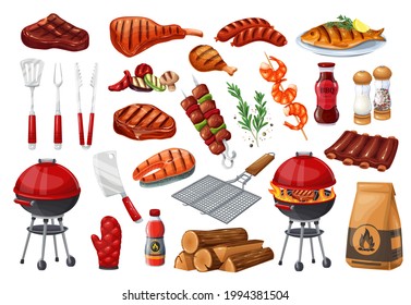 BBQ party icons set, barbecue, grill or picnic. Grilled salmon, sausage, vegetables, meat steak and shrimp. Barbecue tools vector illustration