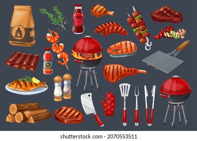 BBQ party icons set, barbecue, grill or picnic. Grilled salmon, vegetables, meat steak sausage and shrimp. Barbecue tools vector illustration.