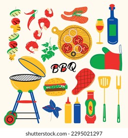 BBQ party icons set, barbecue, grill or picnic.Barbecue cooking equipment collection - grill, skewer, meat, fish, seasonings, vegetables isolated on white. Barbecue tools vector illustration.