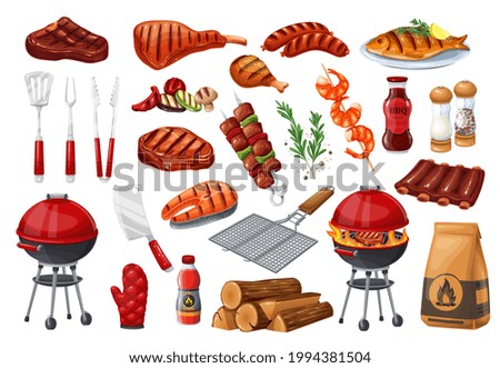 BBQ party icons set with grill, sausages, steak, salmon, skewers, vegetables and barbecue tools. Colorful elements for grill menu design, cookout promotion, summer festival branding and picnic advertising. Vector illustration.