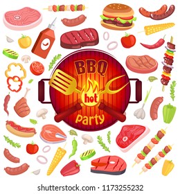 BBQ party icons set meat veggies vector. Hamburger with bun and ham, roast beef and vegetables. Sauce ketchup in plastci bottle and brochette satay