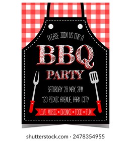 BBQ party invitation for birthday celebration or for a picnic, barbecue cooking, grilling and roasting beef steak, pork, chicken and sausages. Vector poster with an apron, fork and spatula.