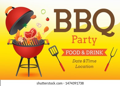 BBQ party invitation ,card or poster template with grill and food flyer vector flat style  illustration.