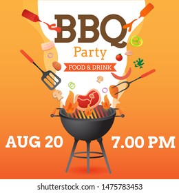 BBQ Party Invitation ,card Or Poster Template With Grill And Food Flyer Vector Flat Style  Illustration.