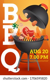 BBQ party invitation ,card or poster template with grill and food flyer vector flat style illustration.