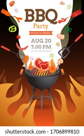 BBQ party invitation ,card or poster template with grill and food flyer vector flat style illustration.