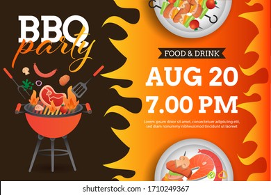 BBQ Party Invitation ,card Or Poster Template With Grill And Food Flyer Vector Flat Style Illustration.
