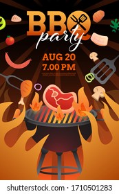 BBQ party invitation ,card or poster template with grill and food flyer vector flat style illustration.