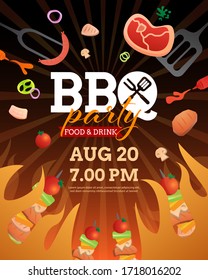 BBQ party invitation ,card or poster template with grill and food flyer vector flat style illustration.