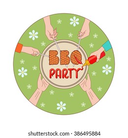 BBQ party invitation card vector illustration. Hands holding the various elements of a barbecue party.