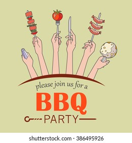 BBQ party invitation card vector illustration. Hands holding the various elements of a barbecue party,