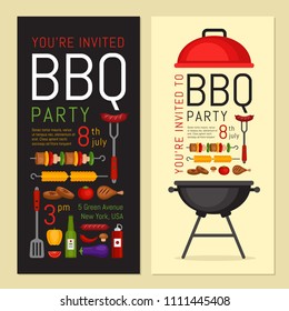 Bbq party invitation with grill and food. Barbecue poster. Food flyer. Flat style, vector illustration.