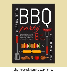 Bbq party invitation with grill and food. Barbecue poster. Food flyer. Flat style, vector illustration.