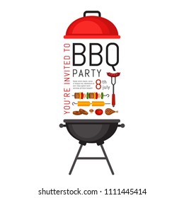 Bbq party invitation with grill and food. Barbecue poster. Food flyer. Flat style, vector illustration.