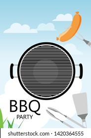 Bbq party invitation with grill and food. Barbecue poster. Food flyer. 