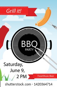 Bbq party invitation with grill and food. Barbecue poster. Food flyer. 