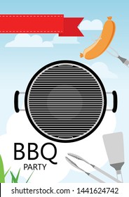 Bbq party invitation with grill and food. Barbecue poster. Food flyer. 