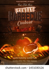 Bbq Party Invitation With Grill, Food  Elements And Fire On Wooden. Barbecue Poster. Food Flyer. Vector Design For Celebration, Invitation, Greeting Card.
