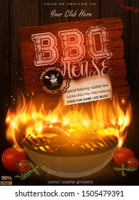 Bbq party invitation with grill, food  elements and fire on wooden. Barbecue poster. Food flyer. Vector design for celebration, invitation, greeting card.