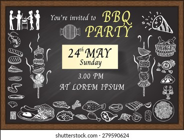 BBQ Party Invitation On Chalkboard. Design Template For Poster, Card, Web, Brochure And Etc.