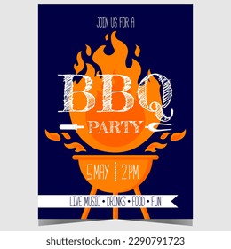 BBQ party invitation for outdoor picnic and steak cooking on the flame of a grill. Barbecue party poster or banner for grill time weekend with friends and family. Ready to print vector illustration.