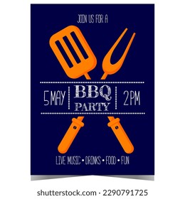 BBQ party invitation poster or banner with fork and turner spatula for grilling. Barbecue event promotion for summer weekend outdoor picnic, meat cooking, steak grilling and sausage roasting.