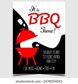 BBQ party invitation poster or banner with a grill blowing smoke. Vector leaflet or flyer to invite friends and family to celebrate a birthday or other event cooking a barbecue in the backyard.