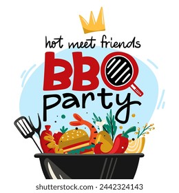 BBQ Party. Invitation, poster with grill filled with ingredients for barbecue food weekend. Illustration isolated white background. Vector file