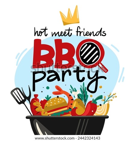 BBQ Party. Invitation, poster with grill filled with ingredients for barbecue food weekend. Illustration isolated white background. Vector file