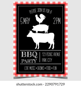 BBQ party invitation poster for outdoor picnic and barbecue weekend to cook meat, beef or pork steak, chicken and sausage on a grill or brazier with friends and family during the sunny summer days.