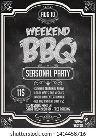 BBQ party invitation template with floral pattern on chalkboard. Summer Barbecue weekend flyer. Grill illustration with food sketches elements. Vector design for celebration, invitation, greeting card