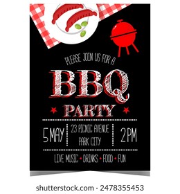 BBQ party invitation template with grill and roasted sausages in plate. Banner or poster suitable for barbecue time, birthday celebration, outdoor picnic with cooking of beef steak, pork and chicken.