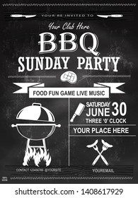BBQ party invitation template on chalkboard. Summer Barbecue weekend flyer. Grill illustration with food sketches elements. Vector design for celebration, invitation, greeting card