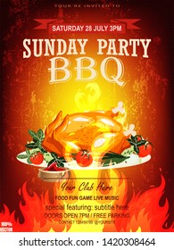 BBQ party invitation template on fire grunge. Summer Barbecue weekend flyer. Grill illustration with food sketches elements. Vector design for celebration, invitation, greeting card.