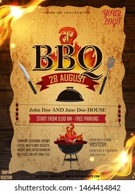 BBQ party invitation template on yellow pattern with grunge. Summer Barbecue weekend flyer. Grill illustration with food and grill elements on wooden. Vector design for celebration, invitation, cards.