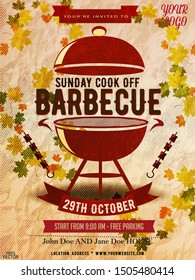 BBQ party invitation template on autumn yellow. Summeror fall  Barbecue weekend flyer. Grill illustration with food sketches elements. Vector design for celebration, invitation, greeting card.