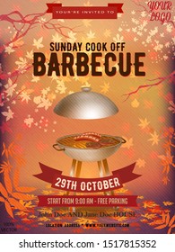BBQ party invitation template on autumn yellow. Summer or fall  Barbecue weekend flyer. Grill illustration with food sketches elements. Vector design for celebration, invitation, greeting card.