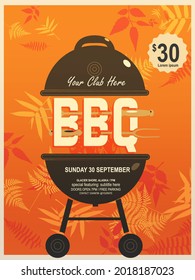 BBQ party invitation template on autumn yellow with leaves. Summer or fall  Barbecue weekend flyer. Grill illustration with utensil elements. Vector design for celebration, invitation, greeting card.