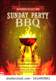 BBQ party invitation template with realistic fire on grunge. Summer Barbecue weekend flyer. Grill illustration with food sketches elements. Vector design for celebration, invitation, greeting card.